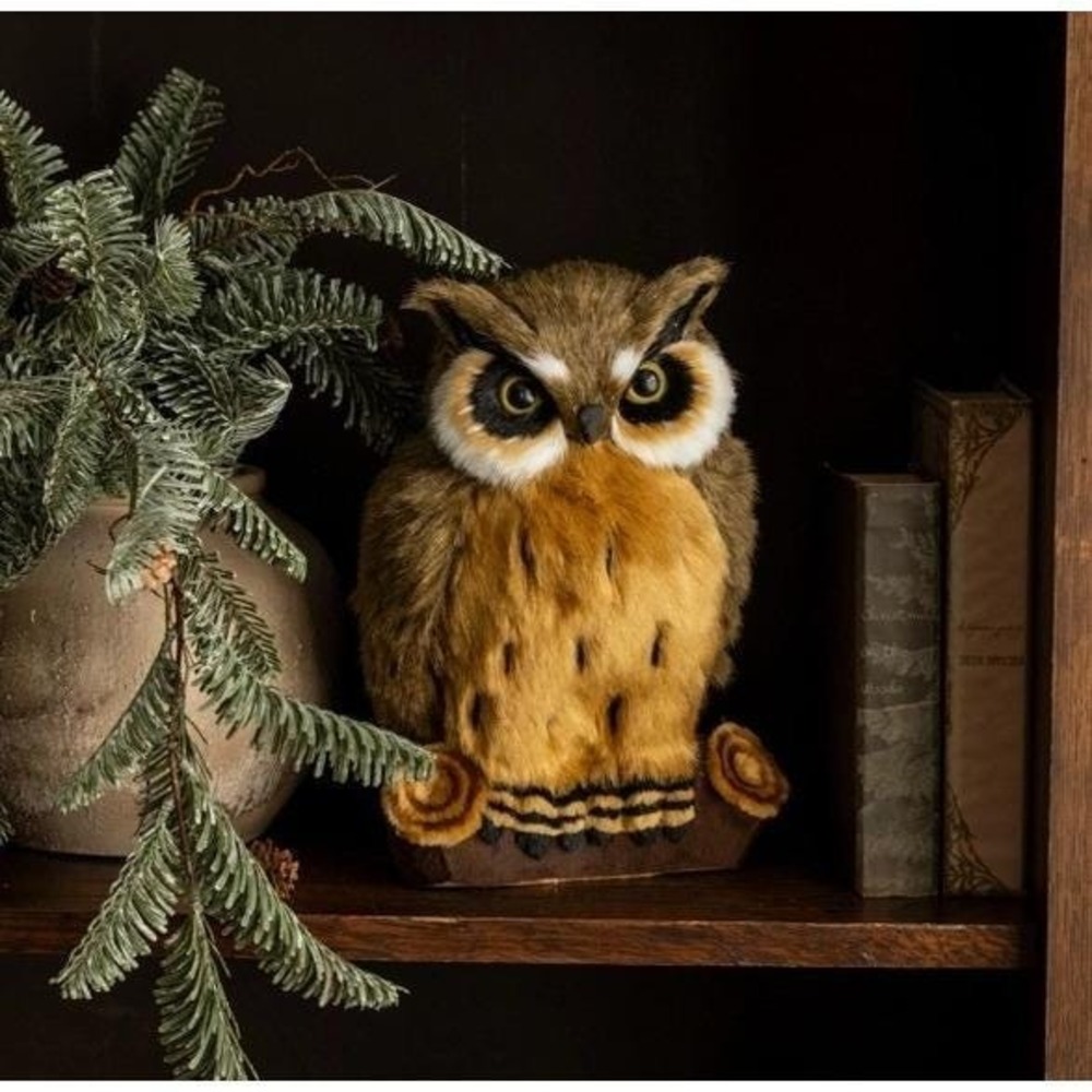 Ragon House 11" Great Horned Owl on Log Figurine Plush Fur New with Tag